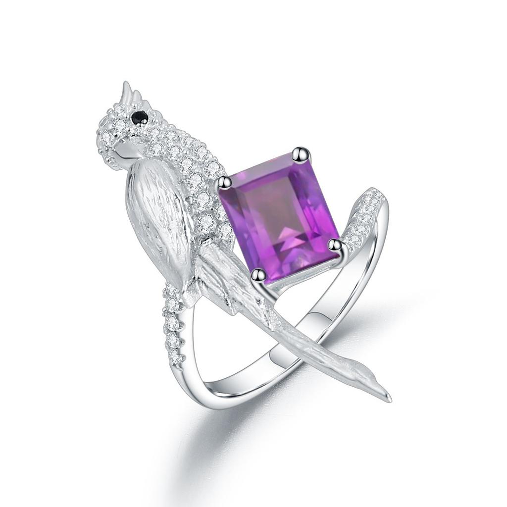 Originaler Designer-Ring mit natürlichen Edelsteinen der Spitzenklasse. S925-Silber im Vogeldesign mit eingelegtem Ring aus natürlichem Amethyst.