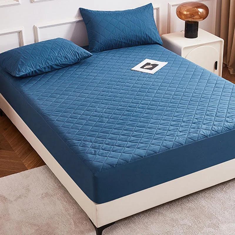 Waterproof Quilted Fitted Sheet Soft Solid Color Mattress Cover for All Seasons Non Slip Mat with Elastic Band