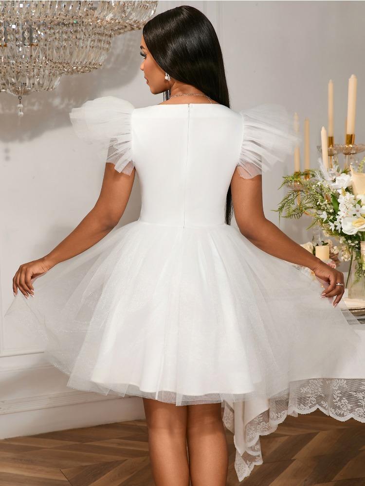 White Wedding Dresses Flutter Sleeve Mesh Skirt Gcasual Puff Short Dress Womens Wedding Guest Dresses Elegant Party Outfit