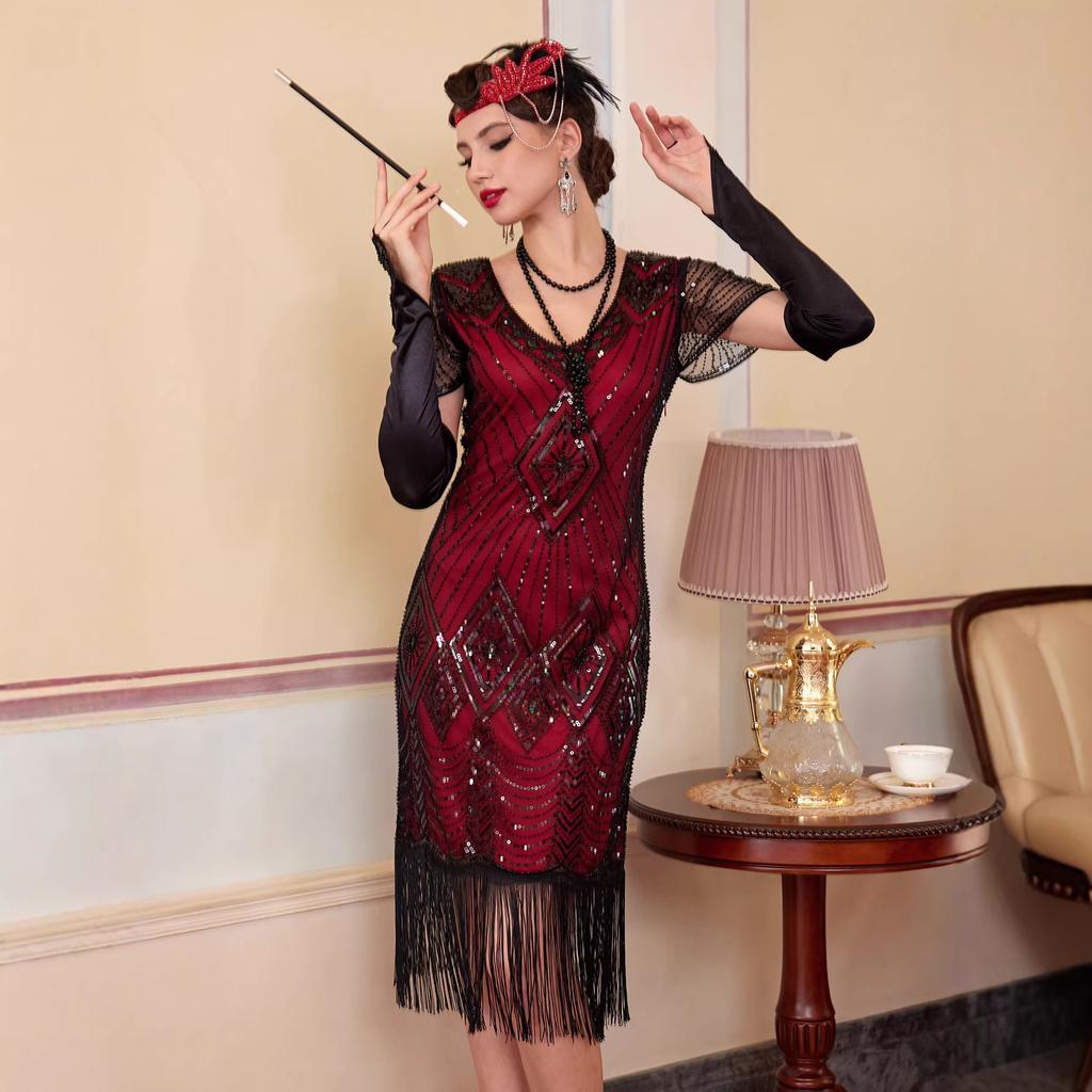 Women's 1920s Great Gatsby Flapper Dress, Sequin Beaded Short Sleeve Fringe Mesh Sexy Cocktail Party Evening Dress