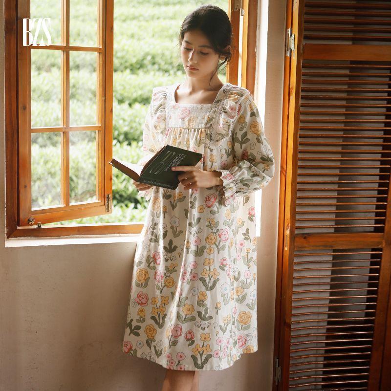 

Autumn and Winter Homewear Cotton Brushed Floral Print Pajamas Women s Comfortable Soft Homewear Long Sleeve Trousers Suit Nightdress L [recommend 60.00 kg-67.50 kg]]