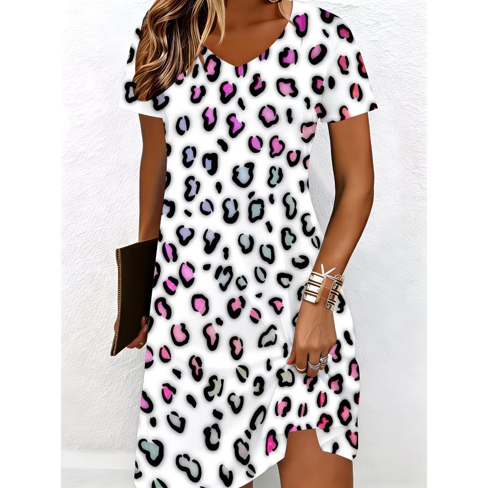 Women's V-neck Short Sleeved Casual Printed Dress 3D Colorful Printed Mini Beach Party Dress