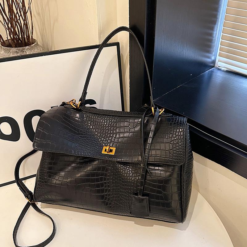 Large Capacity Commuting Tote Bag Relaxed Crocodile Texture Handbag Lock Clip Single Shoulder Crossbody Bag