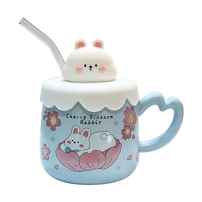 Cute Bunny Straw Mug With Lid Tea Cup Beer Mugs Coffee Cups Original Breakfast Cups Drinkware Personalized Gift Christmas Funny