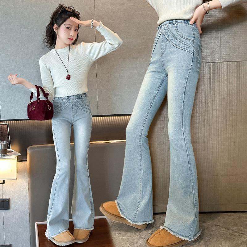 

Джинсы микро-клеш светлого цвета для девочек, облегающего кроя, с необработанным краем - Весенне-осенняя мода 150 cm светло-синий