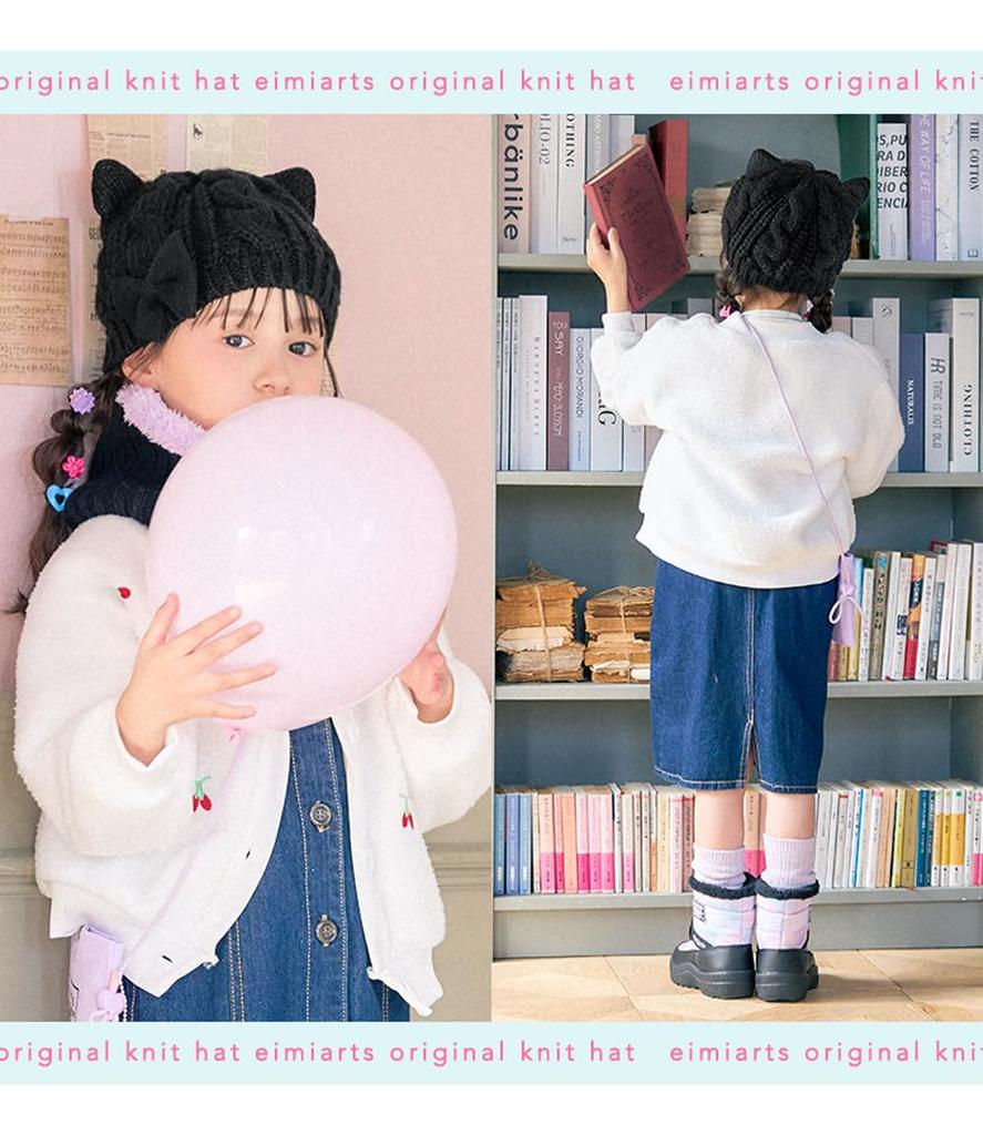 Arisana Kinder Zopfmuster Mütze mit Band für Kaltes Wetter Katze Einheitsgröße für Mädchen, Design, Schutz, Ohren, Schwarz,