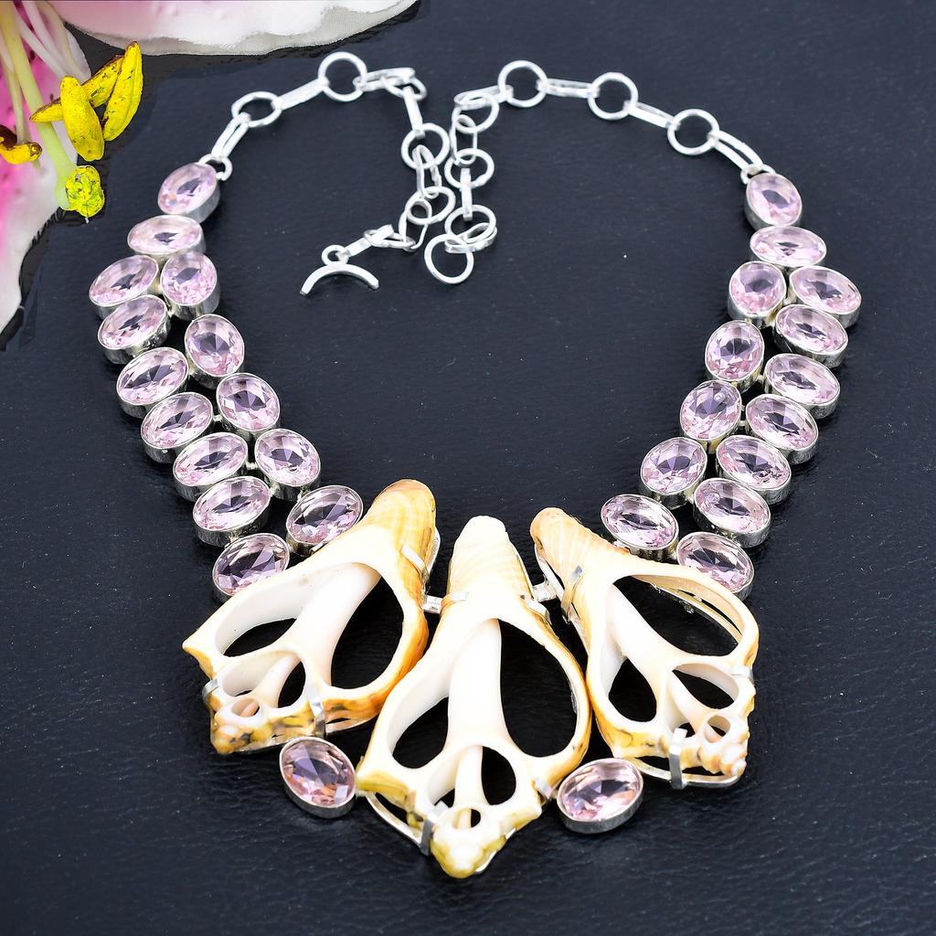 Sea Shell, Kunzite Gemstone 925 Sterling Silver Jewelry Necklace 18" KG-1843