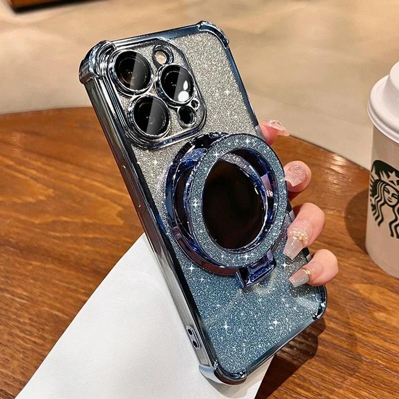 Plating Airbag Glitter Bracket Magsafe Case for iPhone 17 Air 16 15 11 12 13 14 Pro Max Luxury Mirror Cover