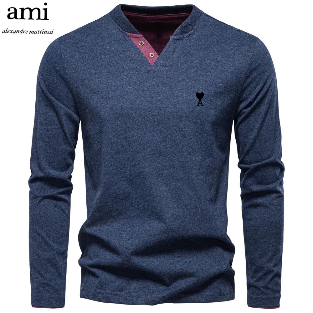 AMI 2025 Autumn New Embroidery Men's Fashion Color Cotton Solid Color Long Sleeve T-shirt V-neck Casual Men's Top T-shirt
