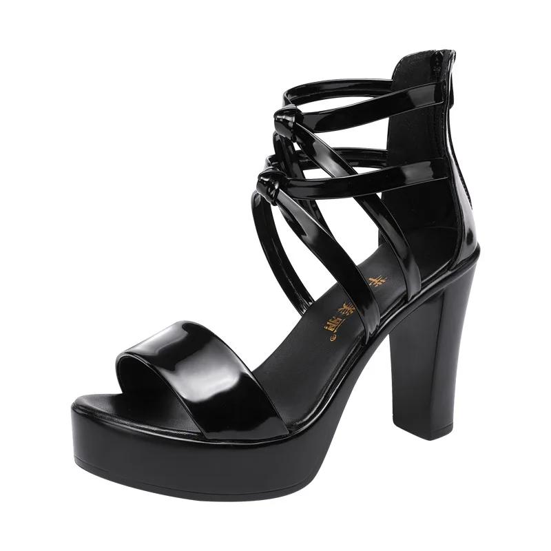 Big Size 32-43 Block Heel Platform Sandals Women Wedding Shoes Summer High Heels Gladiator Sandals Patent Leather Sandals