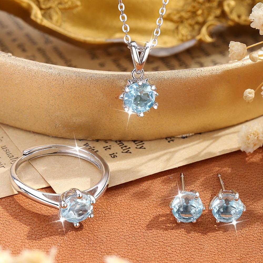 S925 Sterling Silver Necklace Women's High-end Design Sense Natural Crystal Stone Olivine Topaz Six-claw Jewelry Set Women