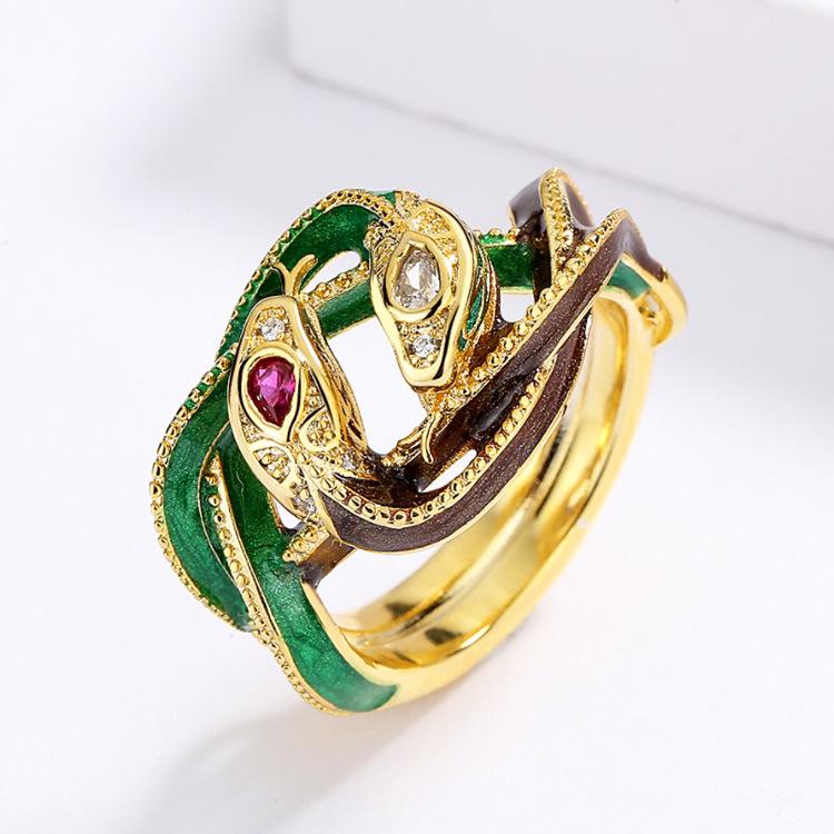 Exotischer Rock Hip-Hop Ring im altägyptischen Stil Doppelter Schlangen-Totem Emaille-Ring