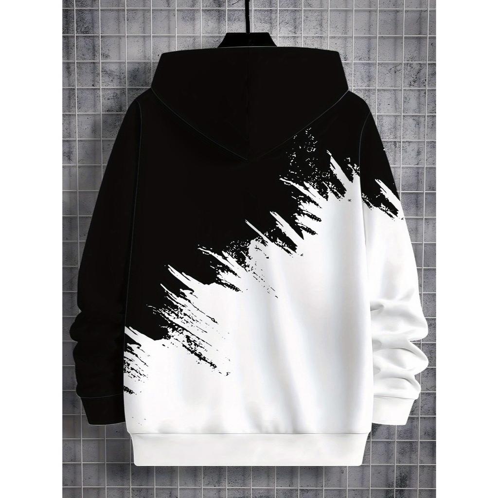Boys' black and white hooded sweatshirt - street style pullover, long sleeved casual outfit suitable for school and play