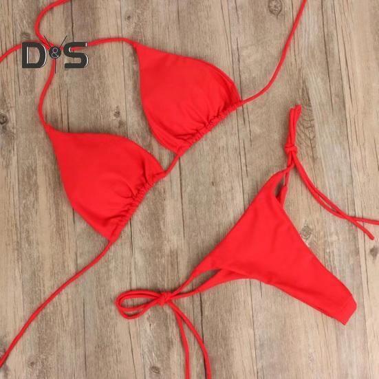 2 Pcs/Set Ladies Triangle Bikini Halter Neck Swimwear with Chest Pads Lace-up Thong Swimsuit Sexy Beachwear Bathing Suit for Beach Vacation Pool