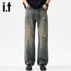 izzue it Men's Vintage Distressed Ripped Straight-Leg Jeans