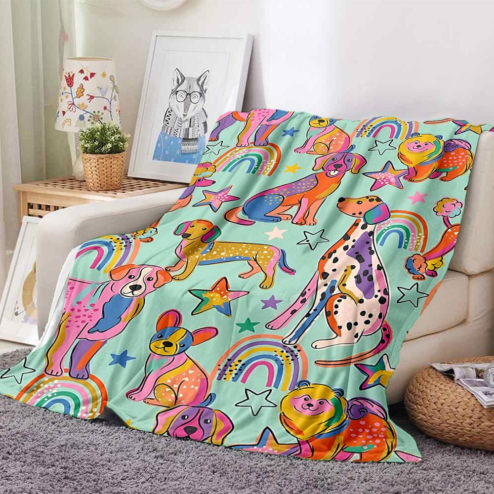 1pc Dogs Rainbows Print Blanket Lightweight Flannel Throw Blanket For Sofa, Bed, Living Room, Office, Outdoor Travel, Camping