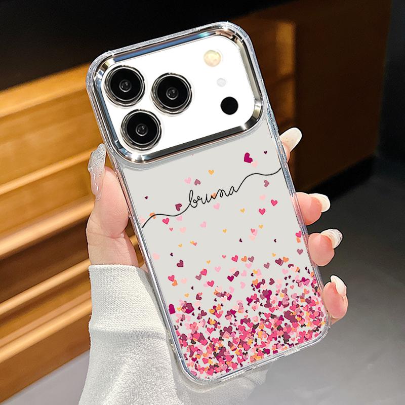 Silky Love Hearts Pattern Case For iPhone 17 Pro Max Plating Lens Frame Clear Soft Cover For iPhone 16 15 14 13 Pro Max 11 16E 17E