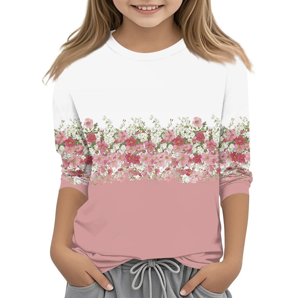 Camiseta infantil estampada com mangas 3/4 e gola redonda casual para o dia a dia