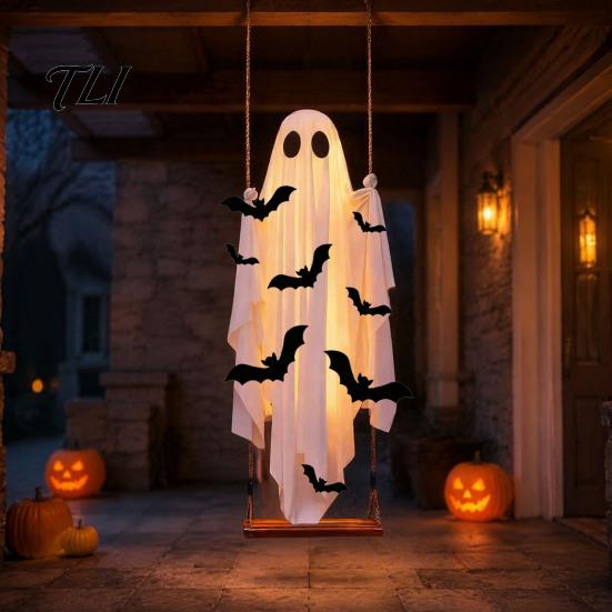 Halloween Hanging Swing Ghost Large Decoration, Light Up Spooky Swinging Courtyard Decorations with 3D Bats for Front Porch, Yard, Garden, Tree