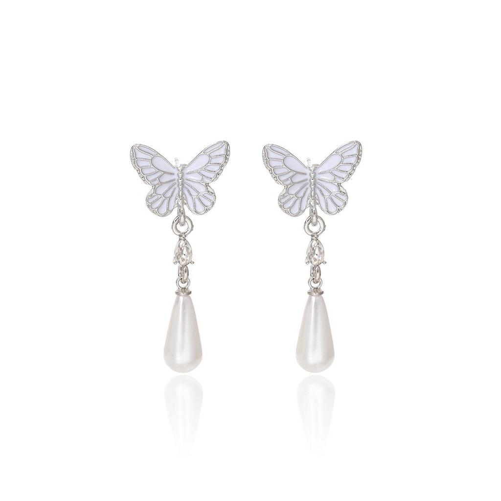 French Retro Silver Needle Butterfly Earrings with Drip Oil Inlay and Pearl Drop
