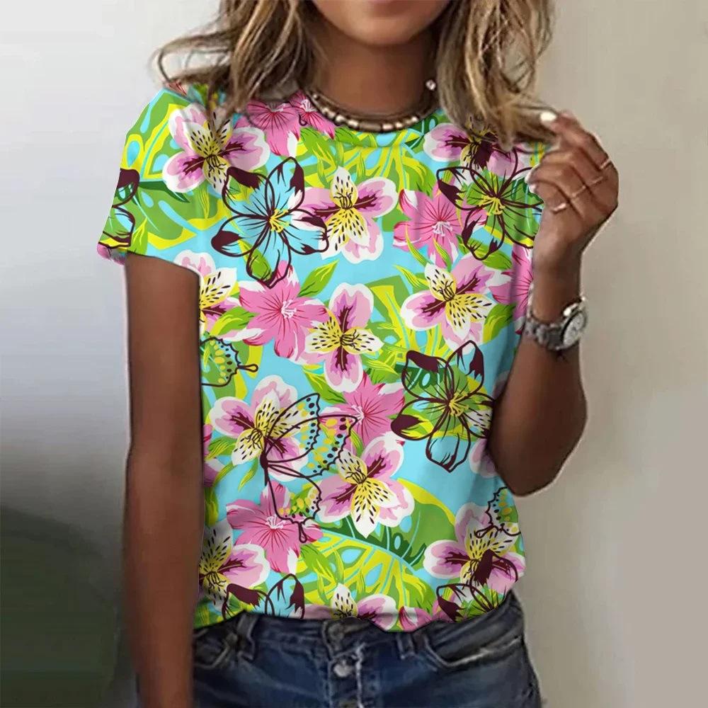 Summer New Colorful Flower Floral 3D Print Women's O-Neck Short Sleeves Y2k Harajuku Tops