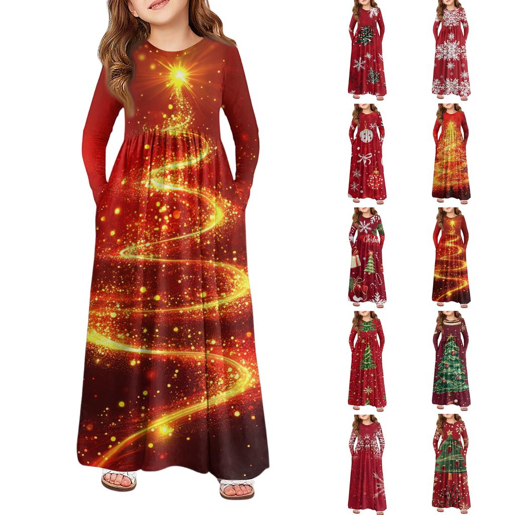 Girls' Maxi Dress - Long Sleeve Pocket Dress Christmas Day