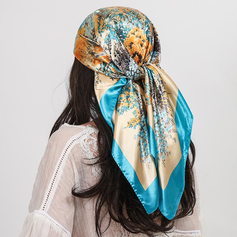 New Silk Square Scarf Women Shawls Wraps Headband Floral Print Scarves Lady Foulard Bandana Scarfs Female Neckerchief 90cm Hijab