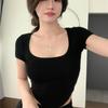 U Neck Knit White Crop Top Ženy Léto Ležérní Tričko Basic Sexy Streetwear Žebra Černá Topy s krátkým rukávem Y2k Slim Dámské tričko