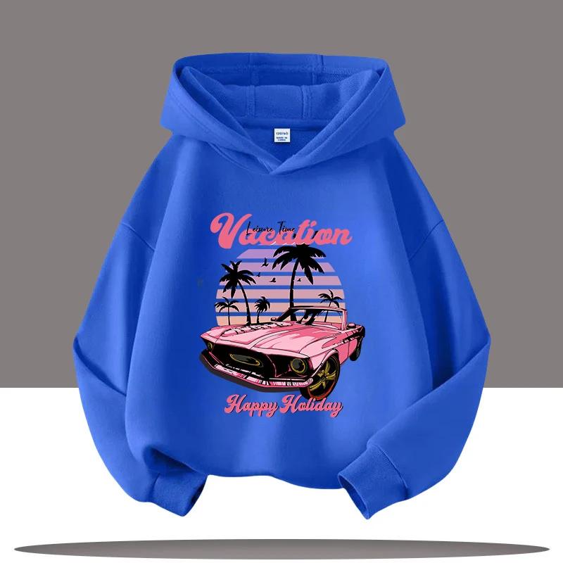 New Hip-hop Style Retro Car Cartoon Printed Children's Hooded Sweatshirt, Autumn and Winter Casual Top, Comfortable Clothing