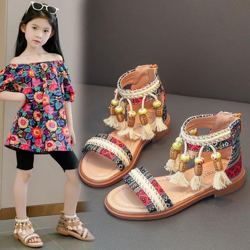 Kids Beach Shoes Non-slip Soft Sole Girls Roman Sandals Ethnic Style Bohemia 2025 New Fashion Children Princess Shoes Back Zip