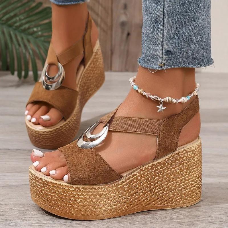 

Fashion 2025 Summer New Women s Open Toe Sandals Fashion Metal Decoration Plus Size Elastic Band Sandals Dress & Casual Wedges Platform 42