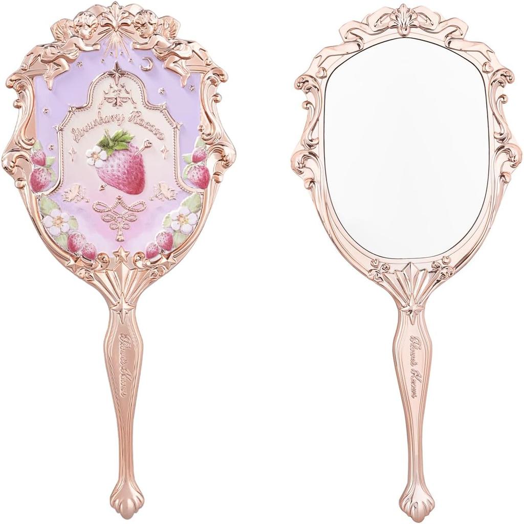 Flower Knows Strawberry Cupid Hand Mirror,Vintage Handheld Mirror,Fancy & Pretty Princess Mirror with Long Handle,Gift for Girls & Women(Milk Pink)