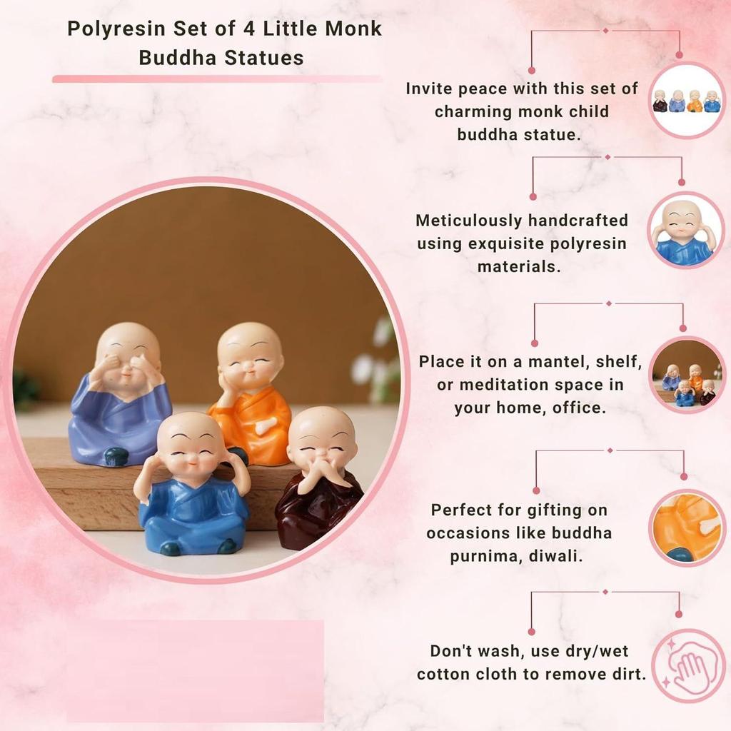 Set of 4 Little Monk Buddha Statue Think No Evil Speak No Evil Hear No Evil See No Evil Showpiece for Home Decor Living Room Office