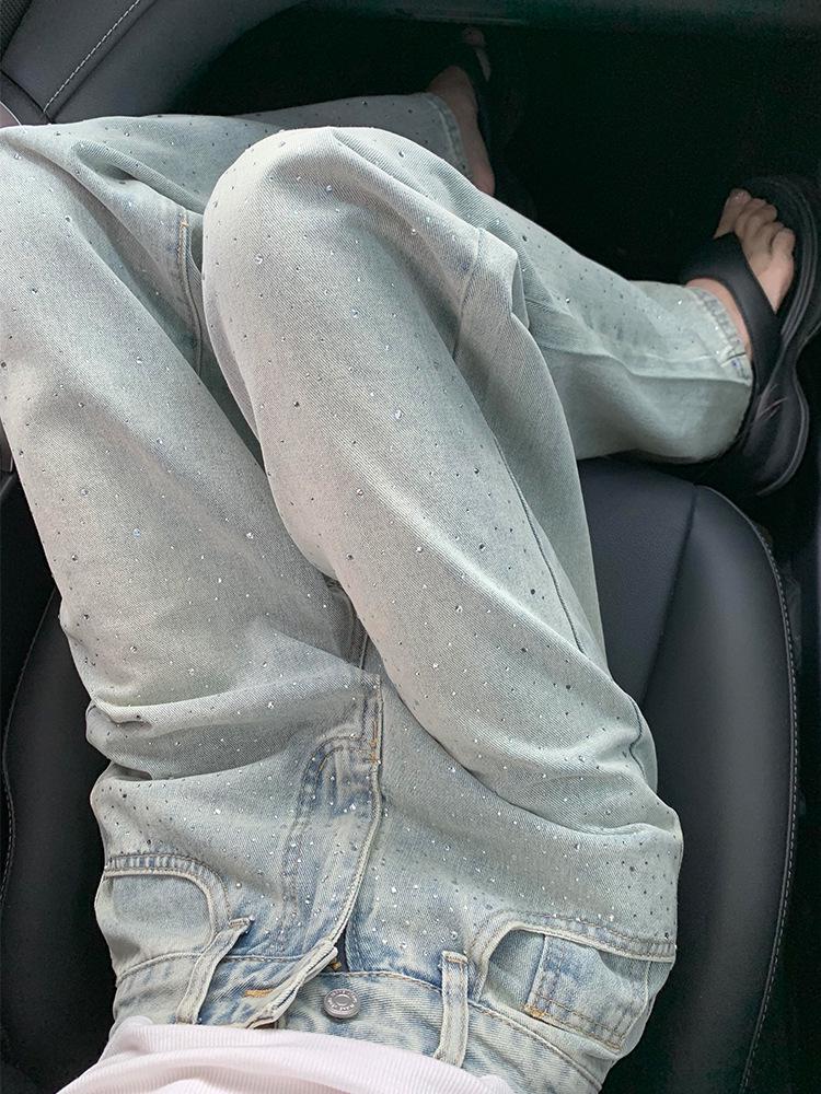 Damen Hellblaue Schlankmachende Weitbeinjeans mit Hot-Drill-Design - Herbst 2025 Kollektion