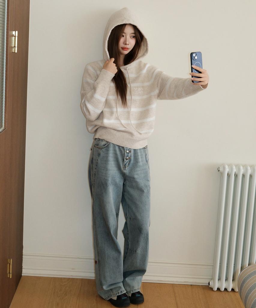 MUAHMUAH Striped Wool Brushed Hoodie Knit [Oatmeal]