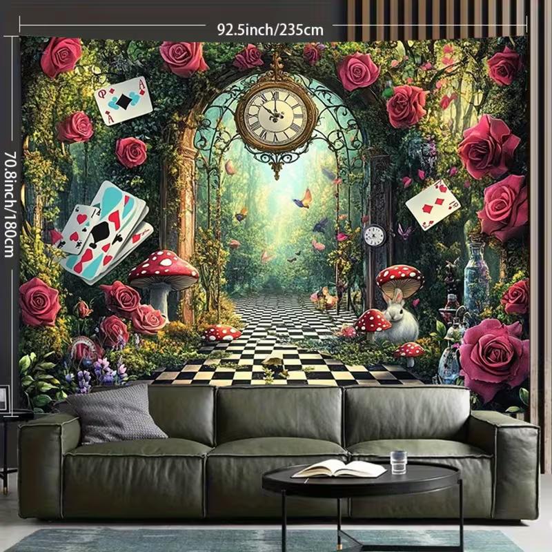 2D Fantasy Wonderland Forest Tapestry Alice Theme with Mushrooms & Cards Wall Hanging