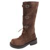 Mode Western Ritterstiefel Damen 2025 Frühling und Sommer neu braun Retro Gürtelschnalle Schnürstiefel Britische Damenstiefel