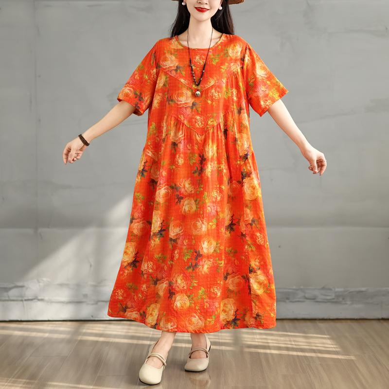 DIMANAF 2025 Letní šaty nadměrné velikosti Dámské Ležérní Vintage Dlouhé šaty Květinový potisk Volné košilové šaty Maxi