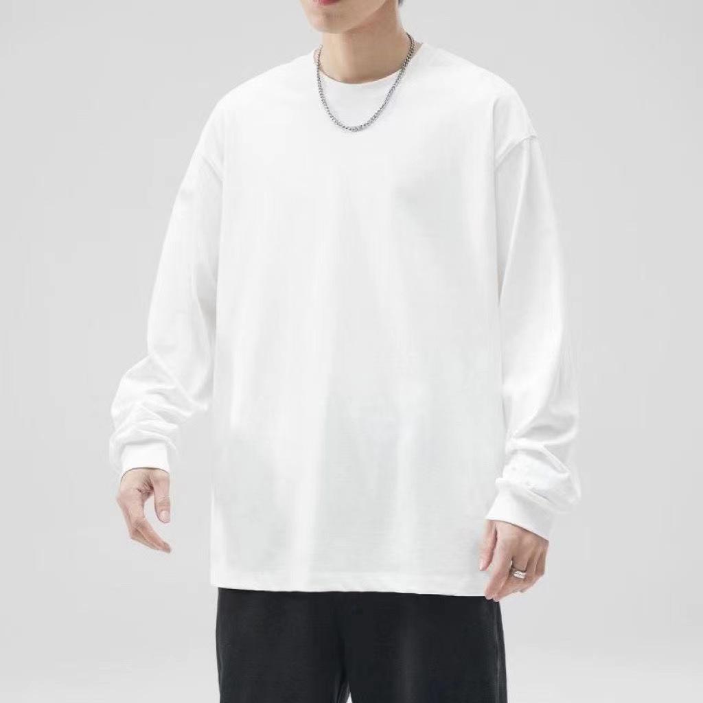 Unisex Cotton Long Sleeve Loose Fit Round Neck Shirt - Spring/Autumn Solid Color T-Shirt