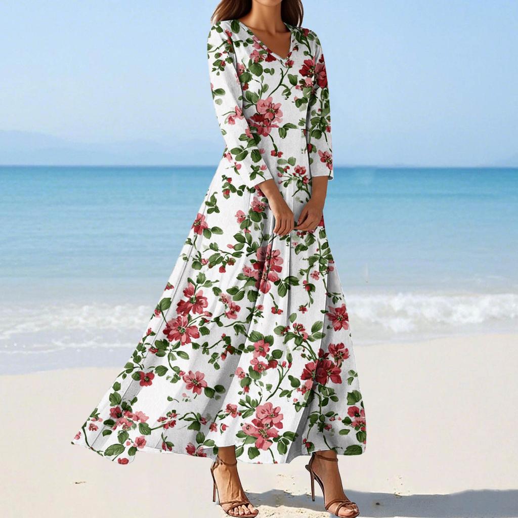 Women's Fashion V-Neck Floating Beach Dresses Seven Sleeve Floral Printed Dresses