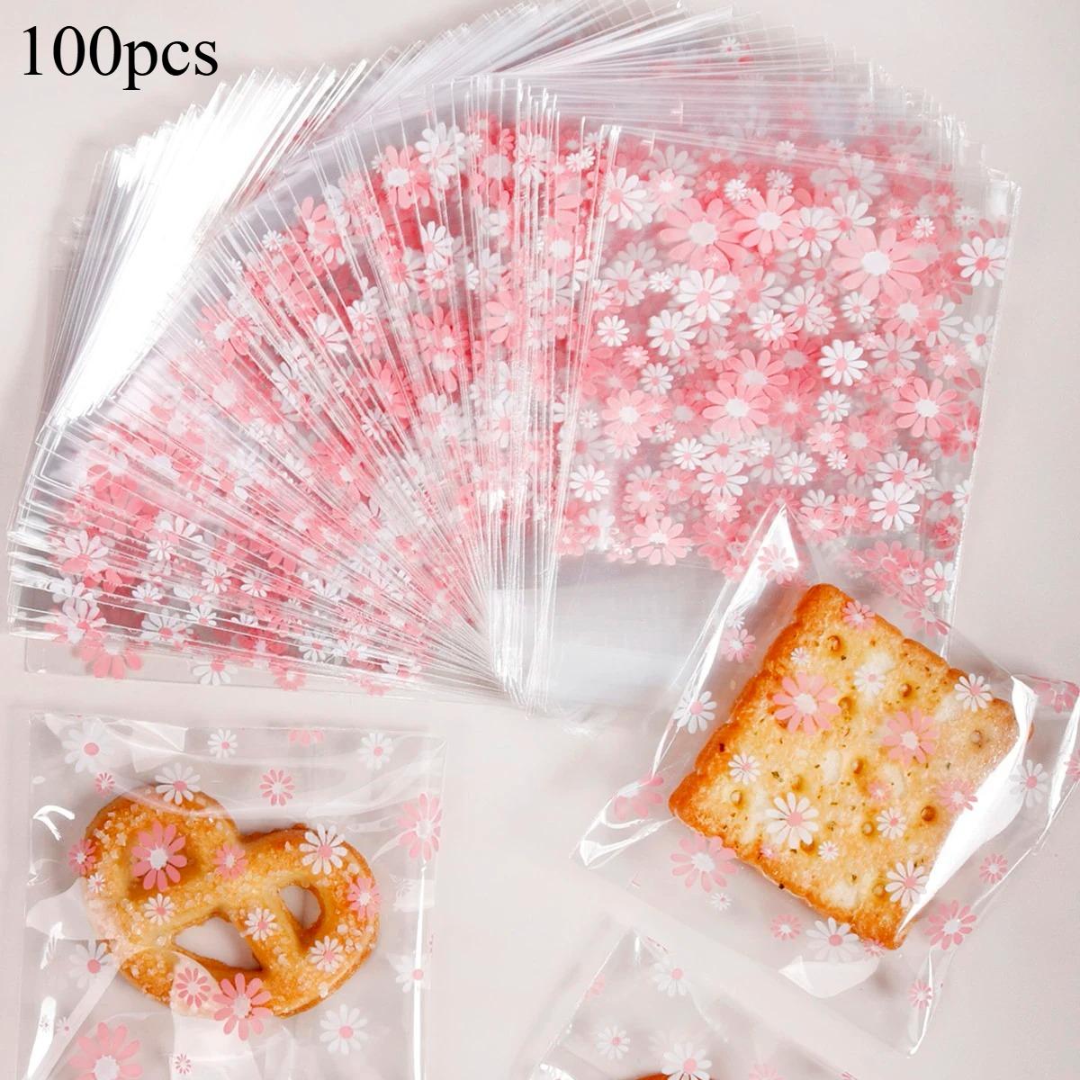 

100pcs Plastic Packing Bags Flower Self-Adhesive Bags Biscuits Candy Cookies Jewelry Gift Packaging Birthday Wedding Gift Bags