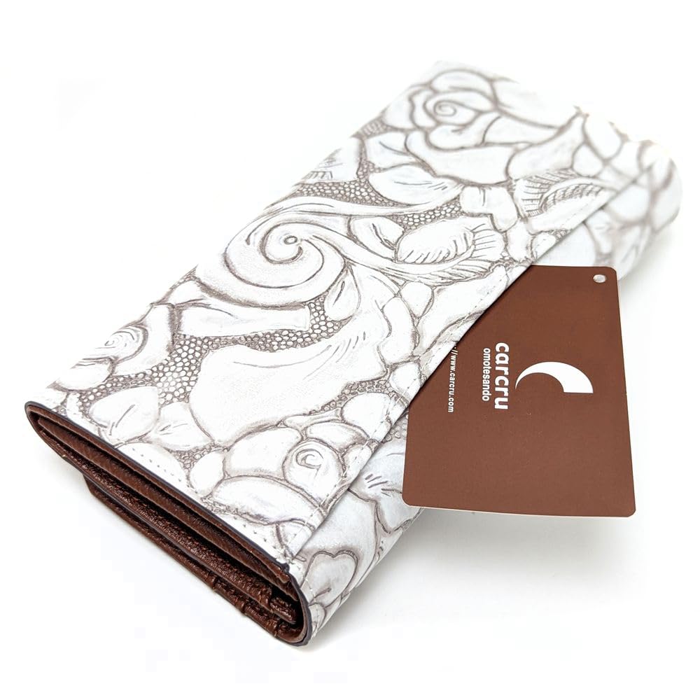 Karukuru Women's Floral Embossed Flap Long Wallet, White (FRS-EN005)