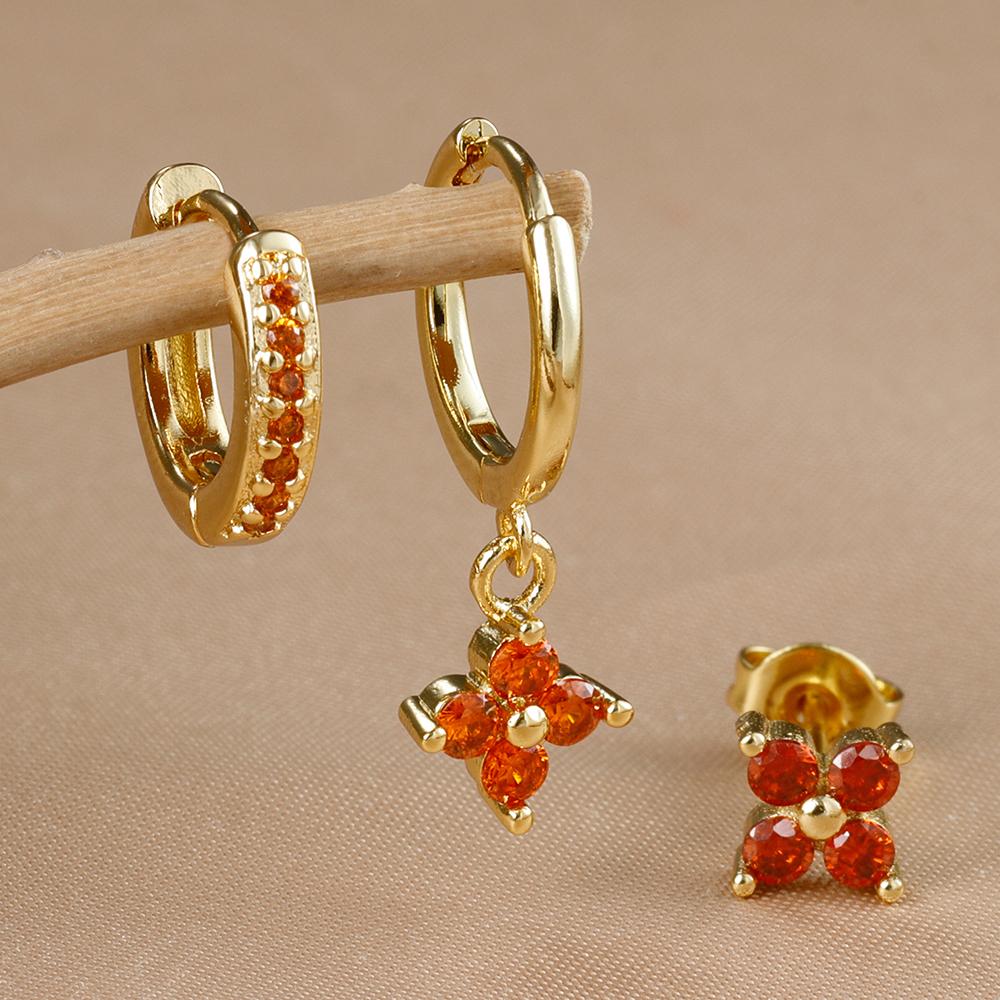3PCS Fashion Gold Color Crystal Zirconia Drop Earrings Set for Women Stainless Steel Flower Dangle Earring Korean Jewelry aretes