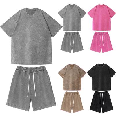 Men's Trendy Washed Distressed Short Sleeved Shorts Suit Men's Loose Casual Suit