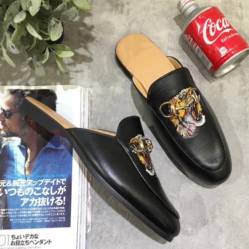 Half Slippers Summer No Heel Lazy Couple Slippers Horse Buckle Bean Shoe Leather Slippers