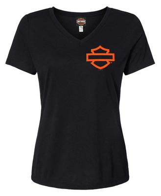 Damska koszulka z krótkim rękawem Harley-Davidson z otwartym logo Bar & Shield na czarnym tle