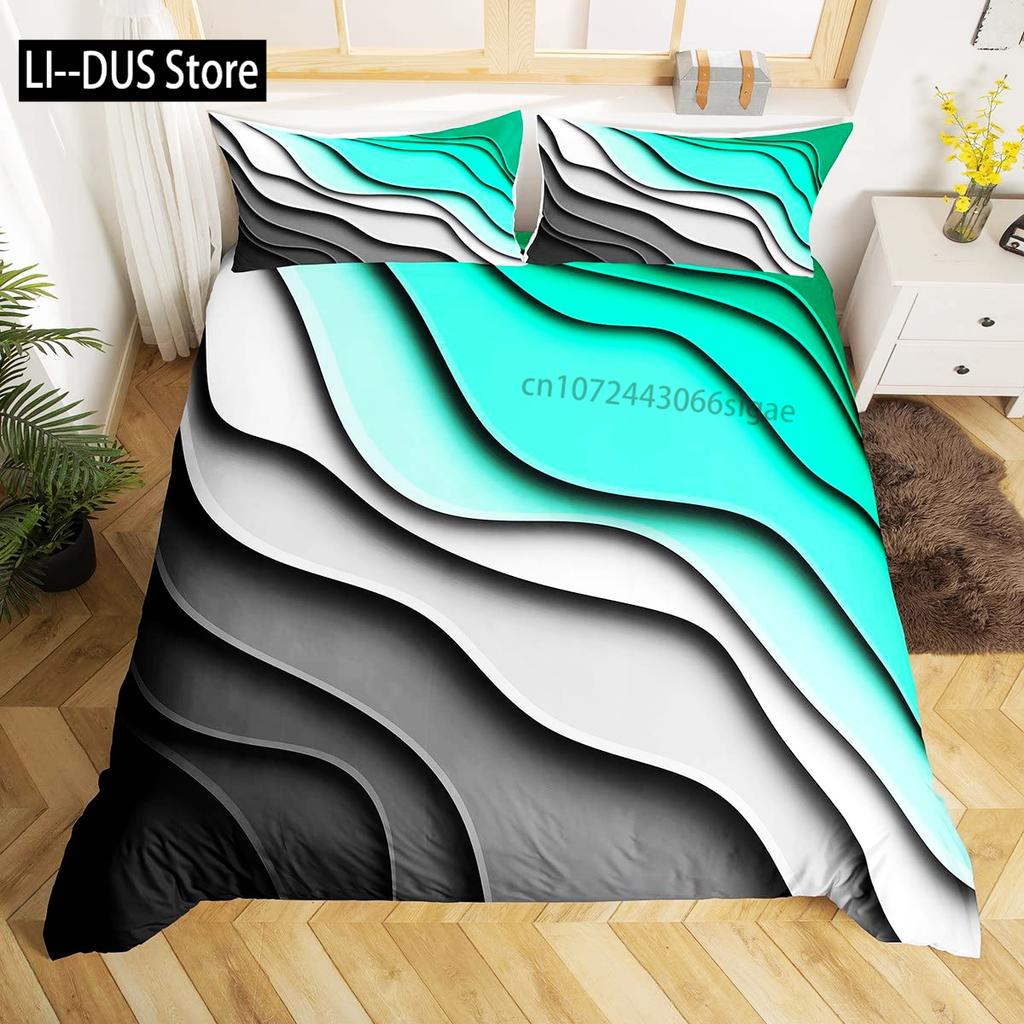 Abstract Sea Bed Set Marine Wave Duvet Cover Bedding Set Twin Comforter Cover Coastal Beach Theme Bed Cover 3pcs Orange Teal