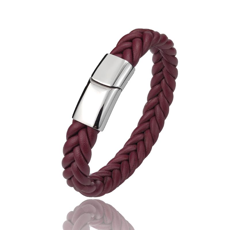 

Punk Men Braided Leather Bracelet Jewelry Black/Brown/Red/Blue Stainless Steel Magnetic Clasp Fashion Bangles Charm Bracelets 18.5cm