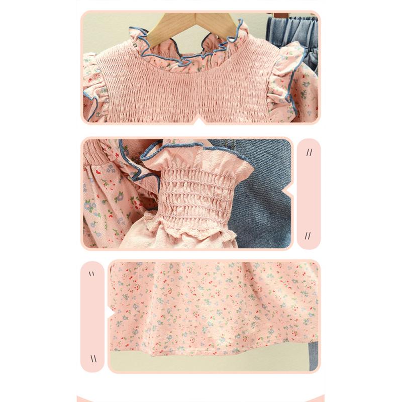 2pcs/set Baby Girls Cotton Cute Long Sleeved Sets Floral Shirt + Denim Flared Pants Suit Pullover