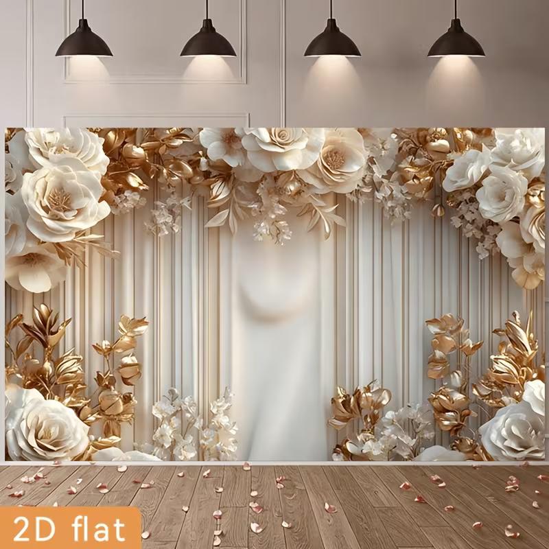 2D Printed Backdrop with White Roses, Gold Leaves and Cream Curtains